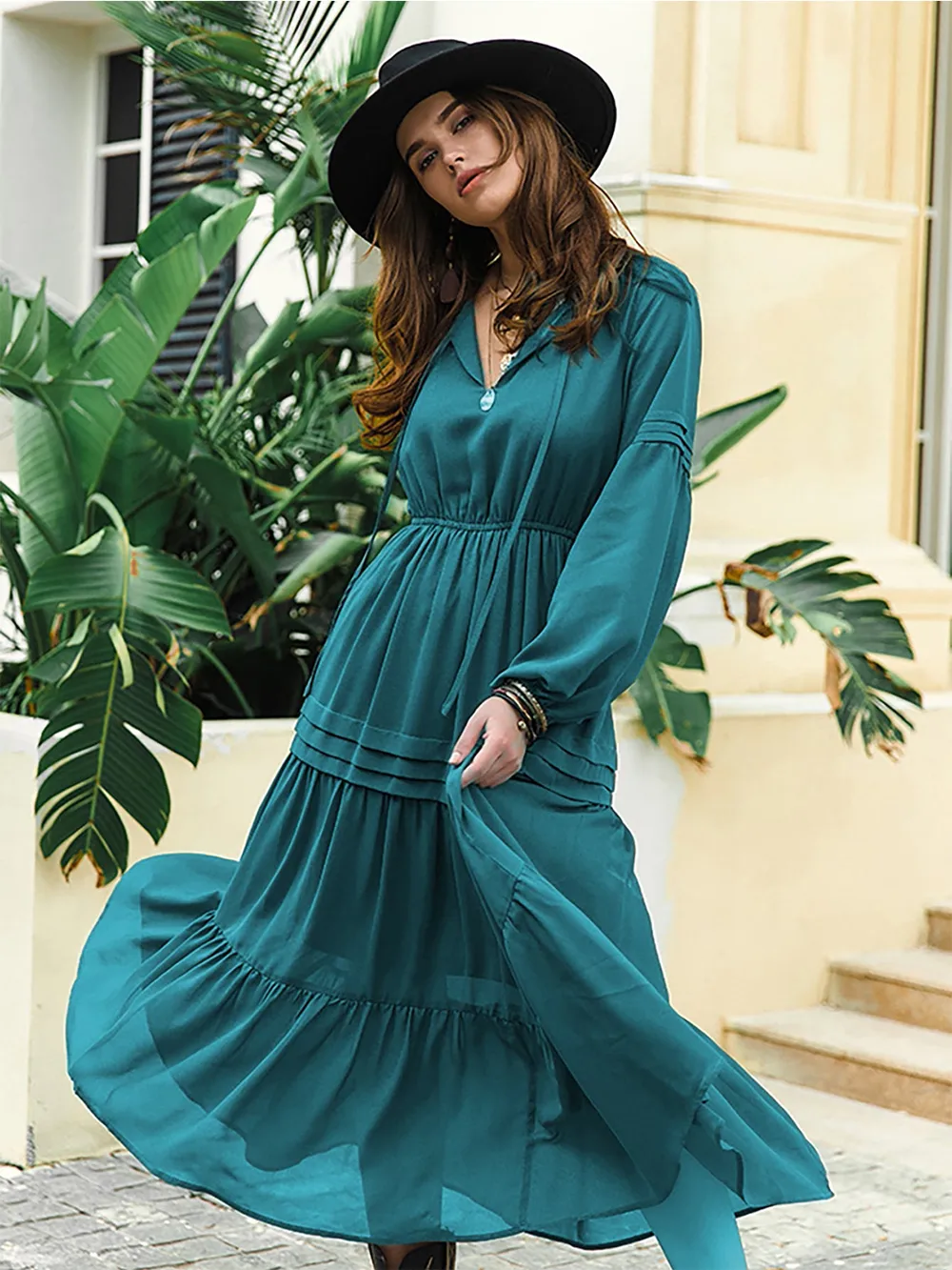 Tie Neck Long Sleeve Midi Tiered Dress, image 17
