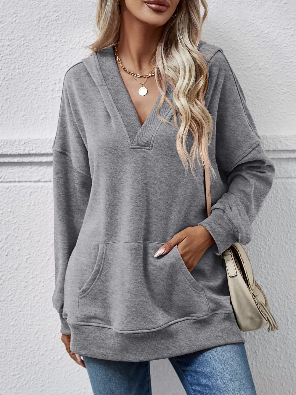 V-Neck Drop Shoulder Long Sleeve Hoodie, image 7