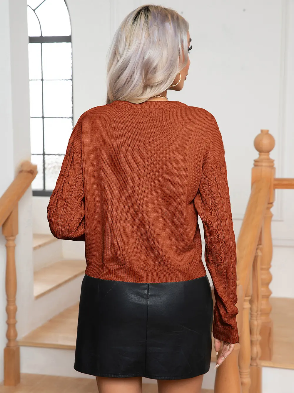 Cable-Knit Round Neck Long Sleeve Sweater, image 9