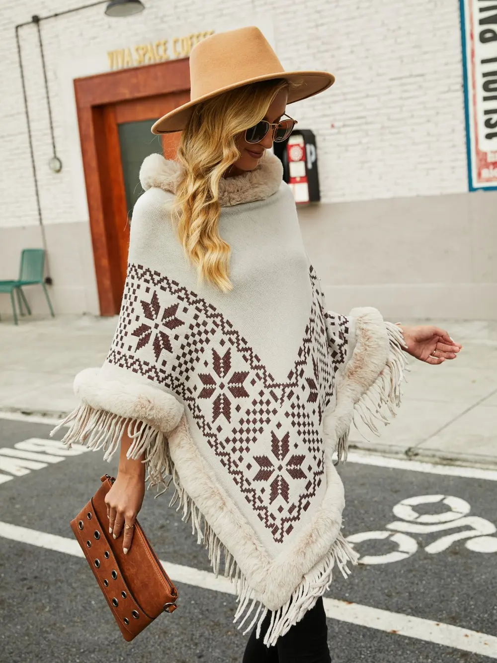 Fringe Geometric Cape Sleeve Poncho, image 5