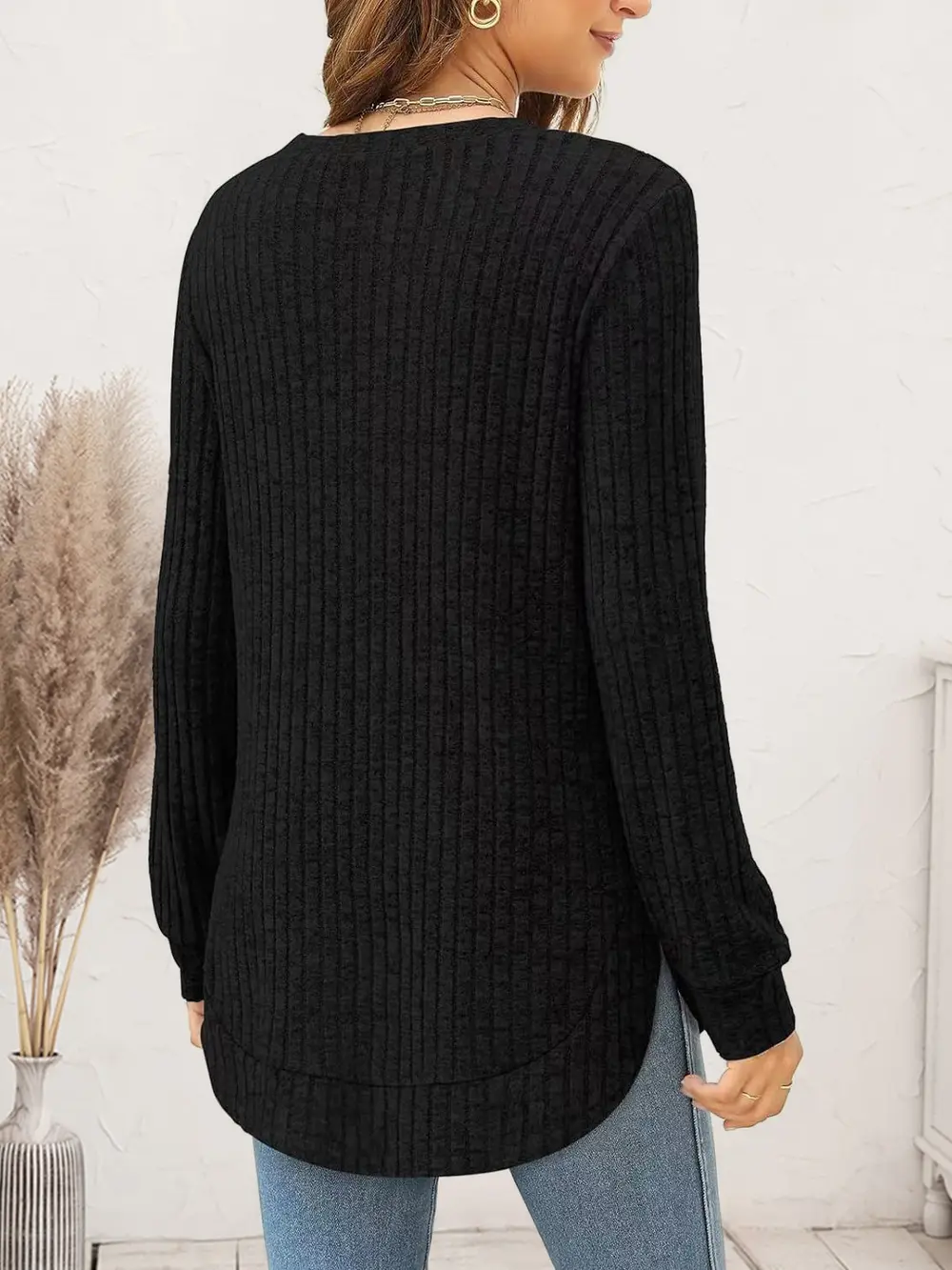 Ribbed Round Neck Long Sleeve T-Shirt, image 6