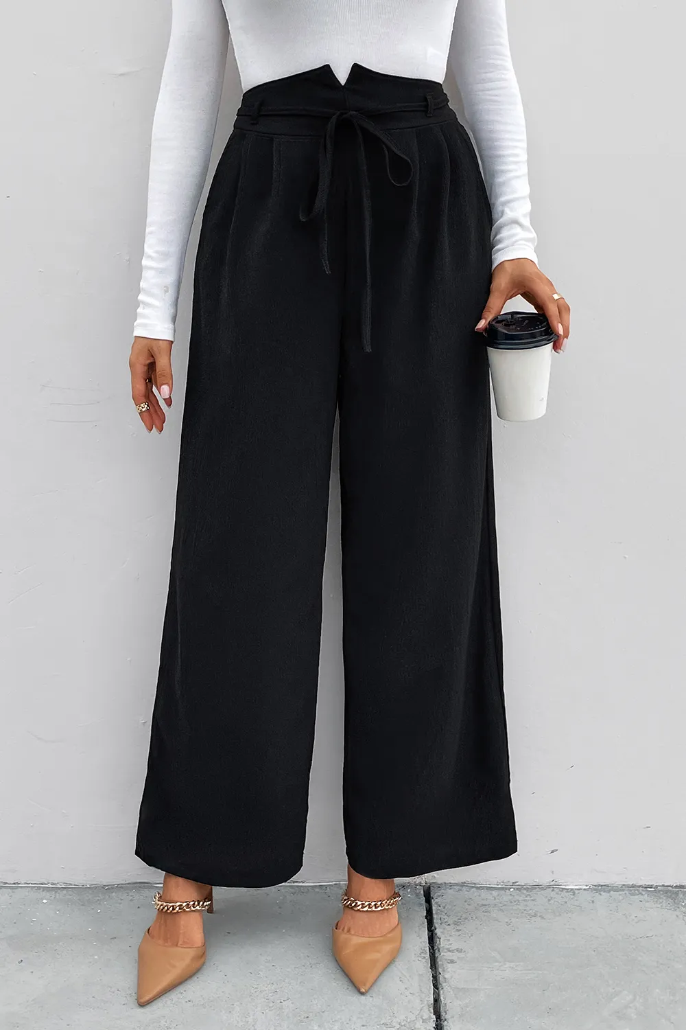 High Waist Ruched Tie Front Wide Leg Pants, image 3
