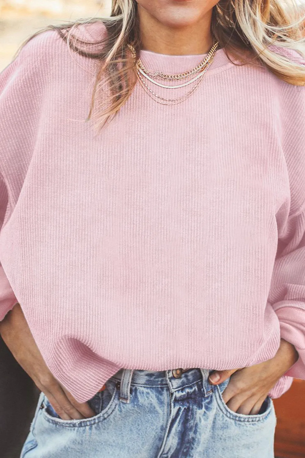 Ribbed Round Neck Drop Shoulder Sweatshirt, image 15