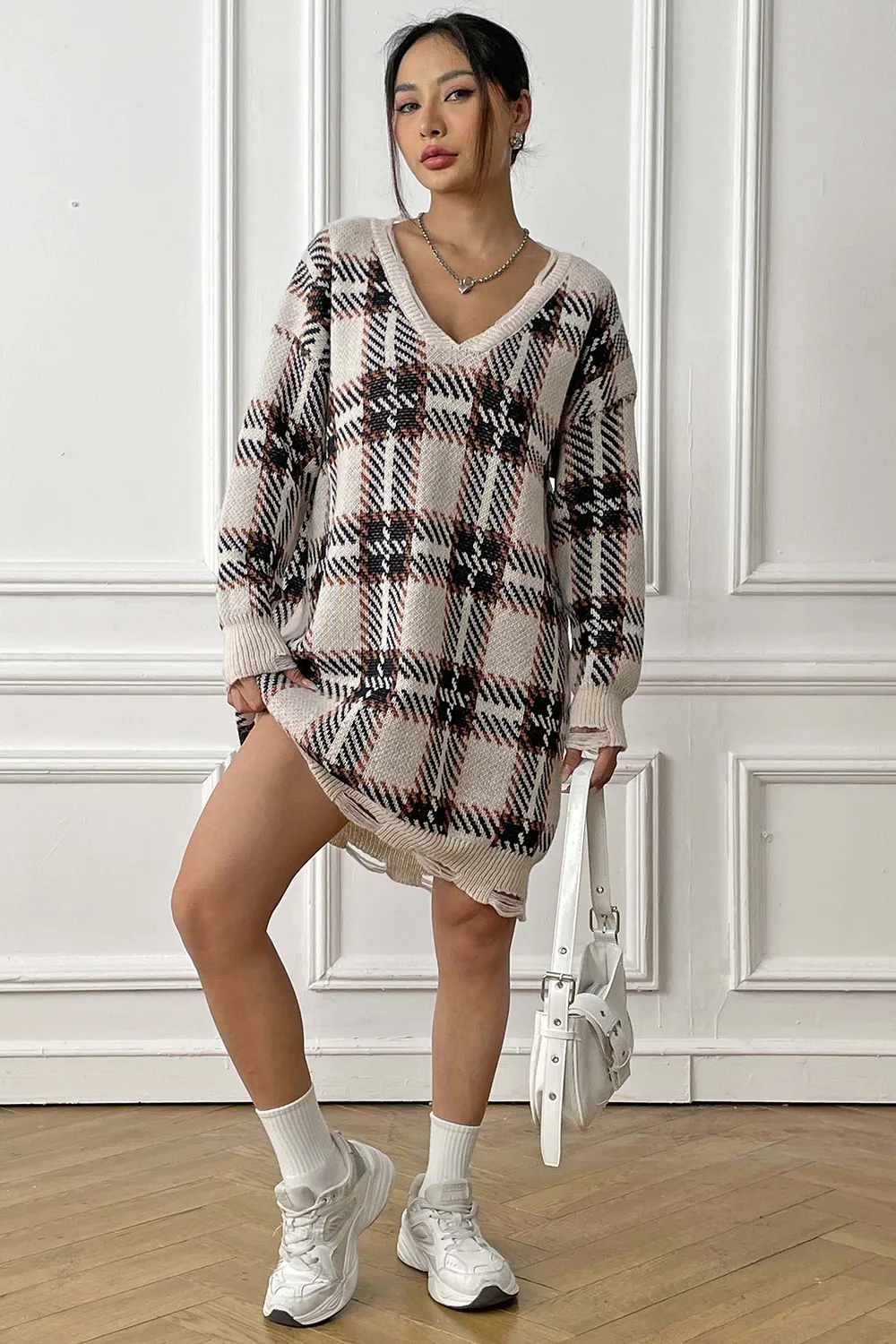 Plaid V-Neck Long Sleeve Sweater Dress, image 16