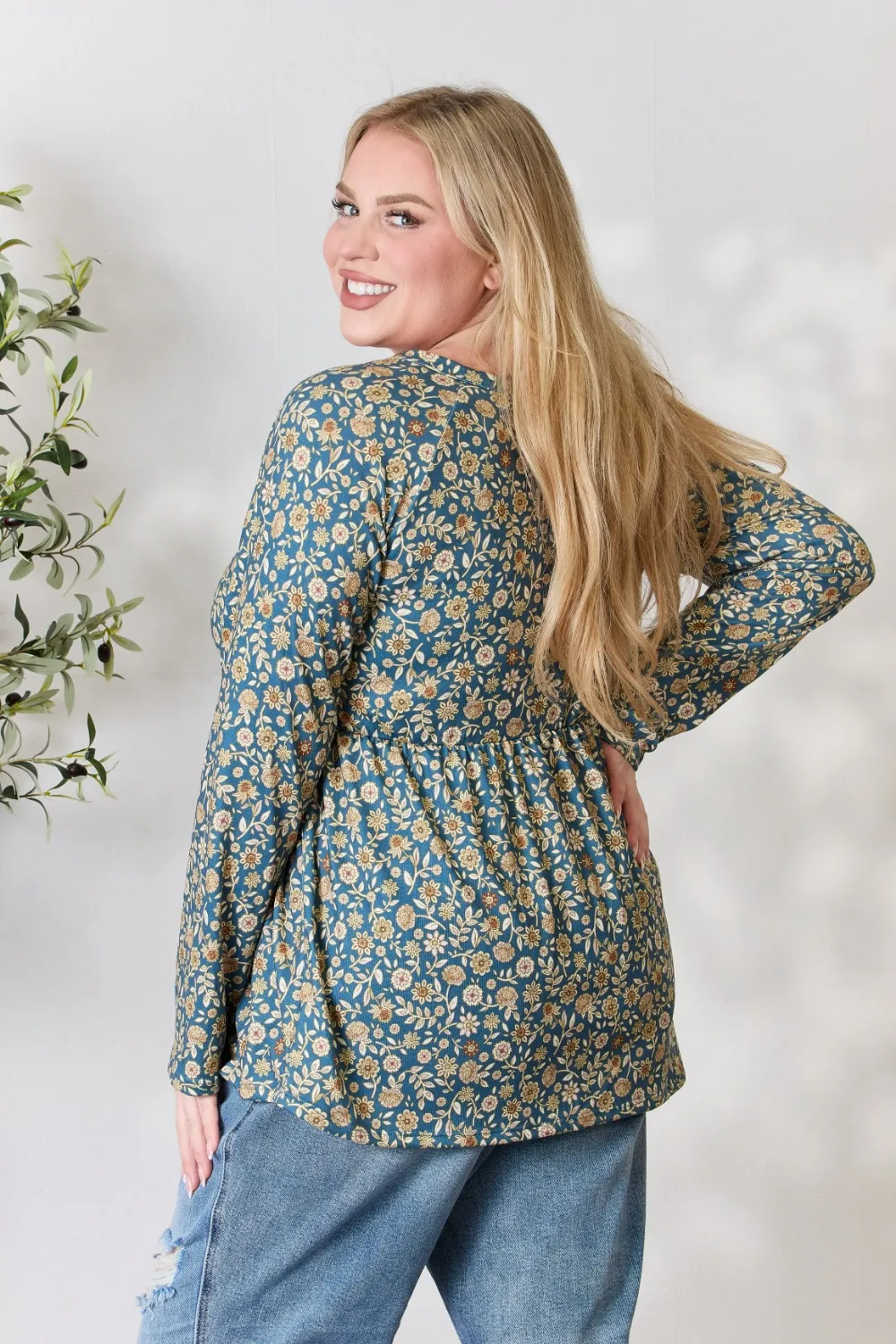 Full Size Floral Half Button Long Sleeve Blouse, image 8