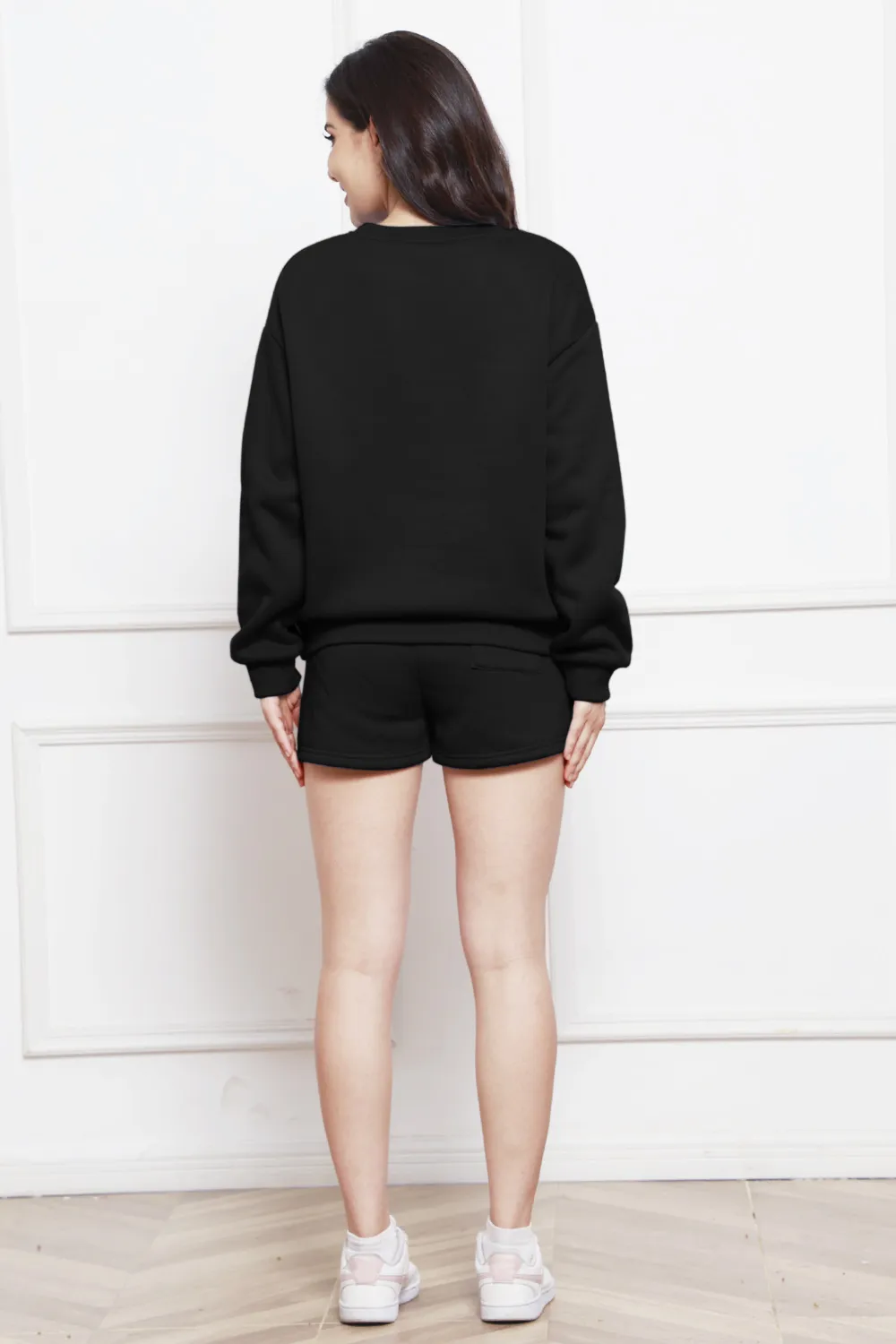 Round Neck Long Sleeve Sweatshirt and Drawstring Shorts Set, image 10