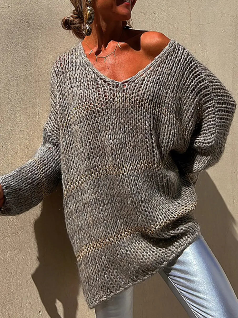 Openwork V-Neck Long Sleeve Sweater, image 5