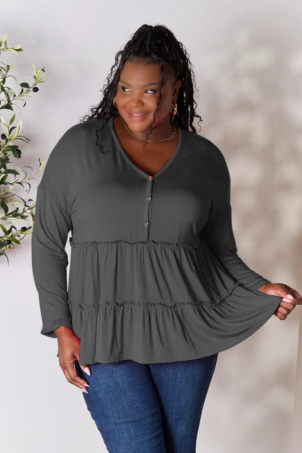 Half Button Long Sleeve Ruffle Hem Blouse, image 18