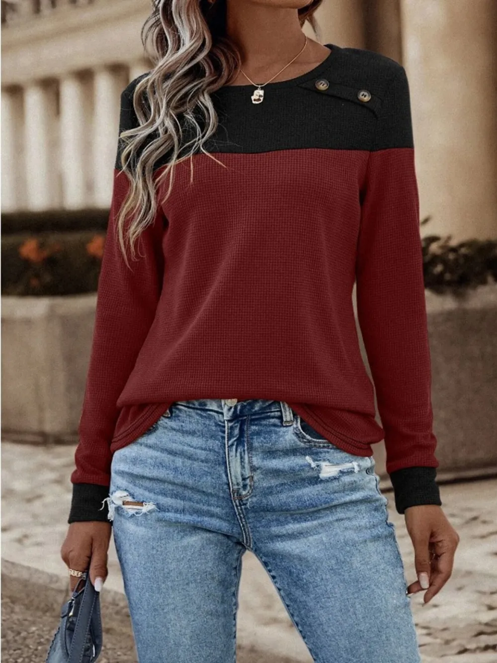 Contrast Buttoned Round Neck Long Sleeve T-Shirt, image 5