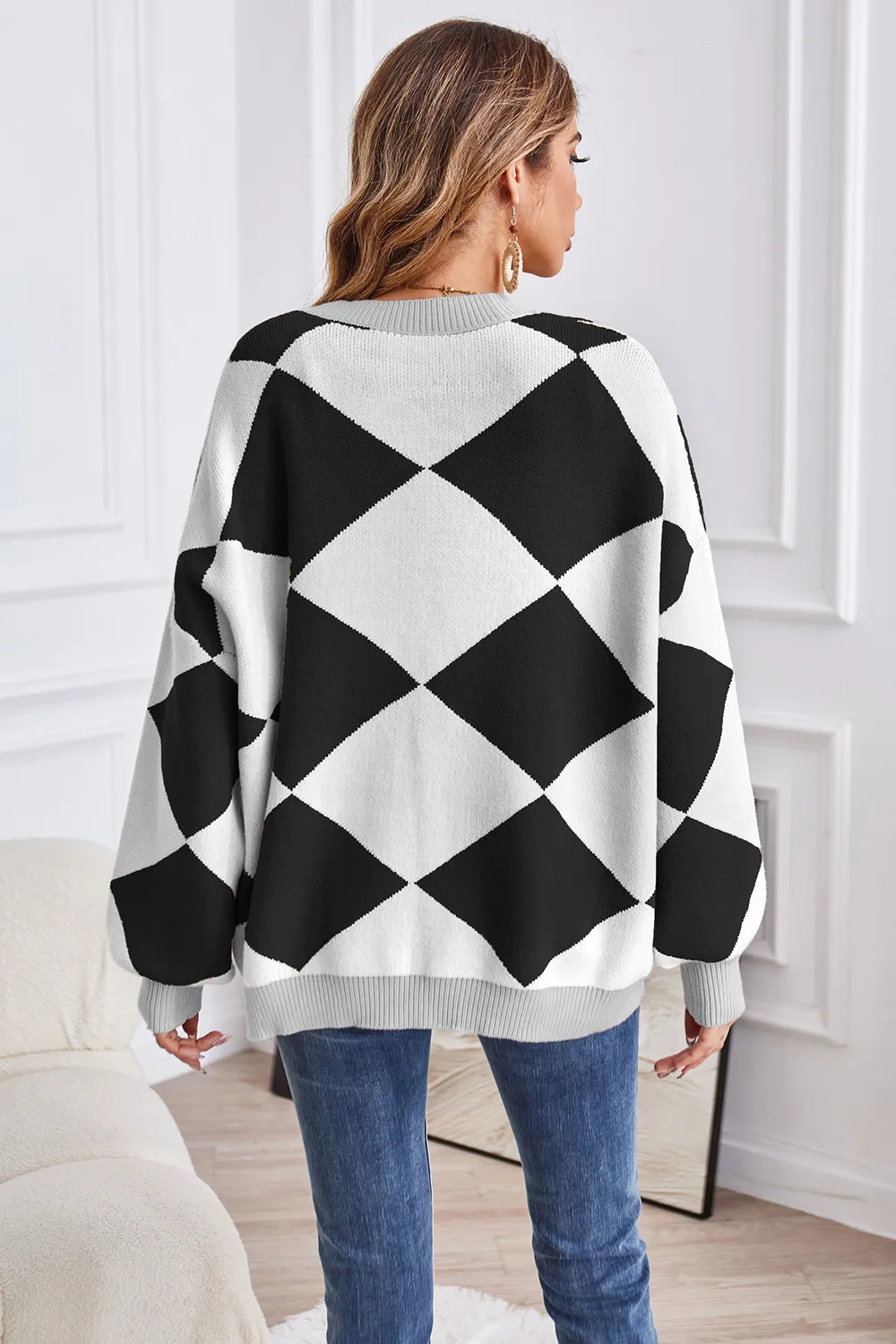Geometric Lantern Sleeve Cardigan with Pockets, image 2