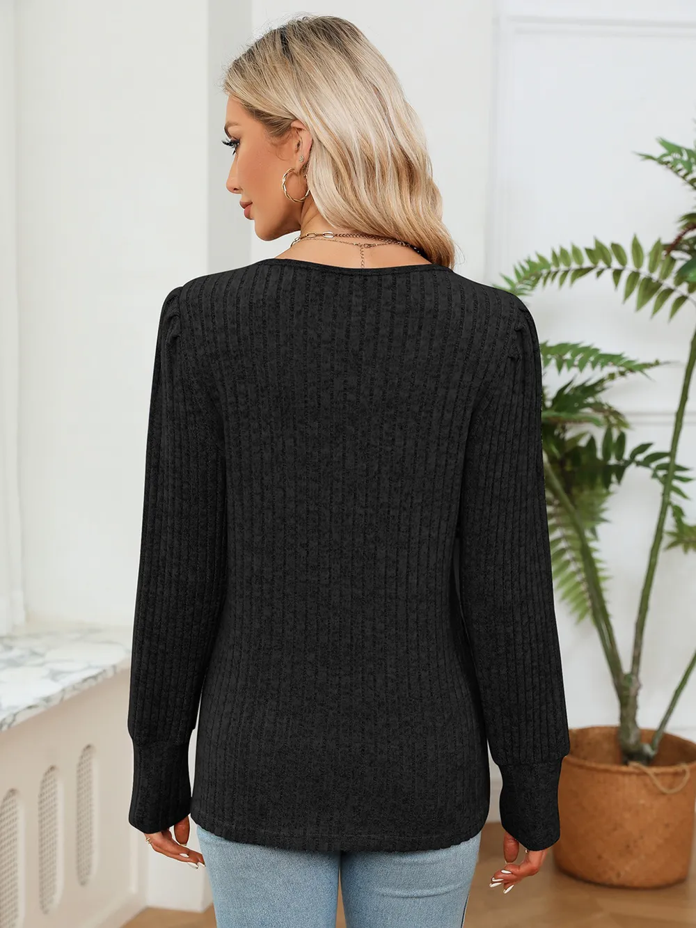 Lace Detail V-Neck Ribbed Blouse, image 6
