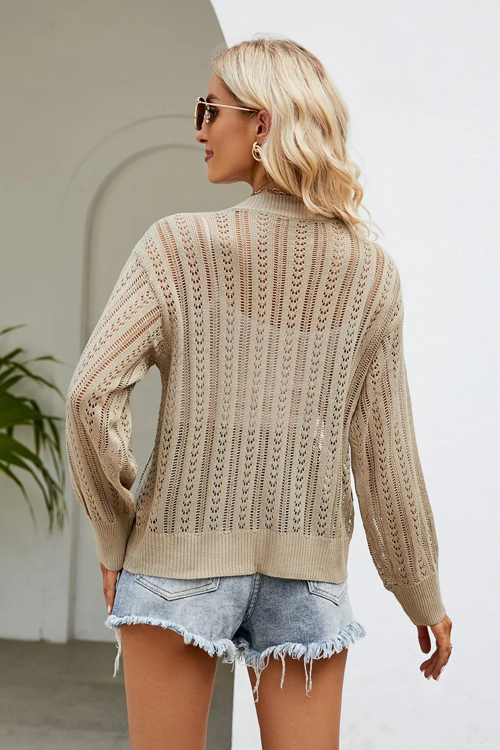 Openwork Button Front V-Neck Cardigan, image 7