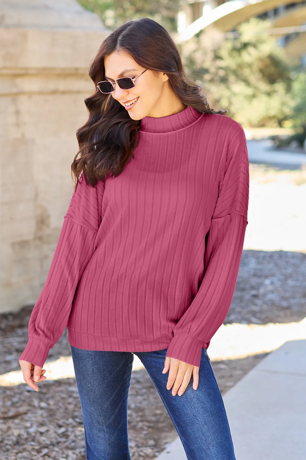 Full Size Ribbed Exposed Seam Mock Neck Knit Top, image 9