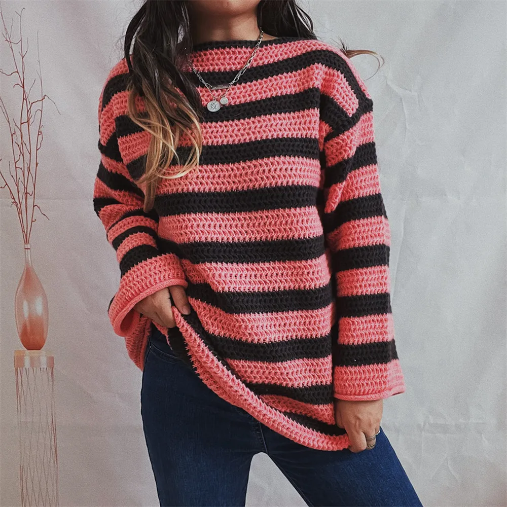 Striped Round Neck Long Sleeve Sweater, image 2