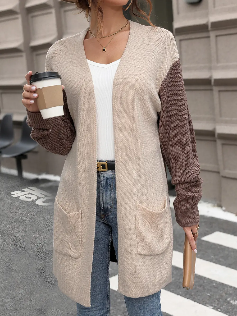 Contrast Open Front Long Sleeve Cardigan, image 3