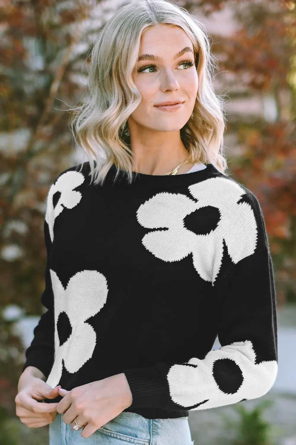 Round Neck Floral Pattern Color Contrast Design Long Sleeve Sweater, image 2