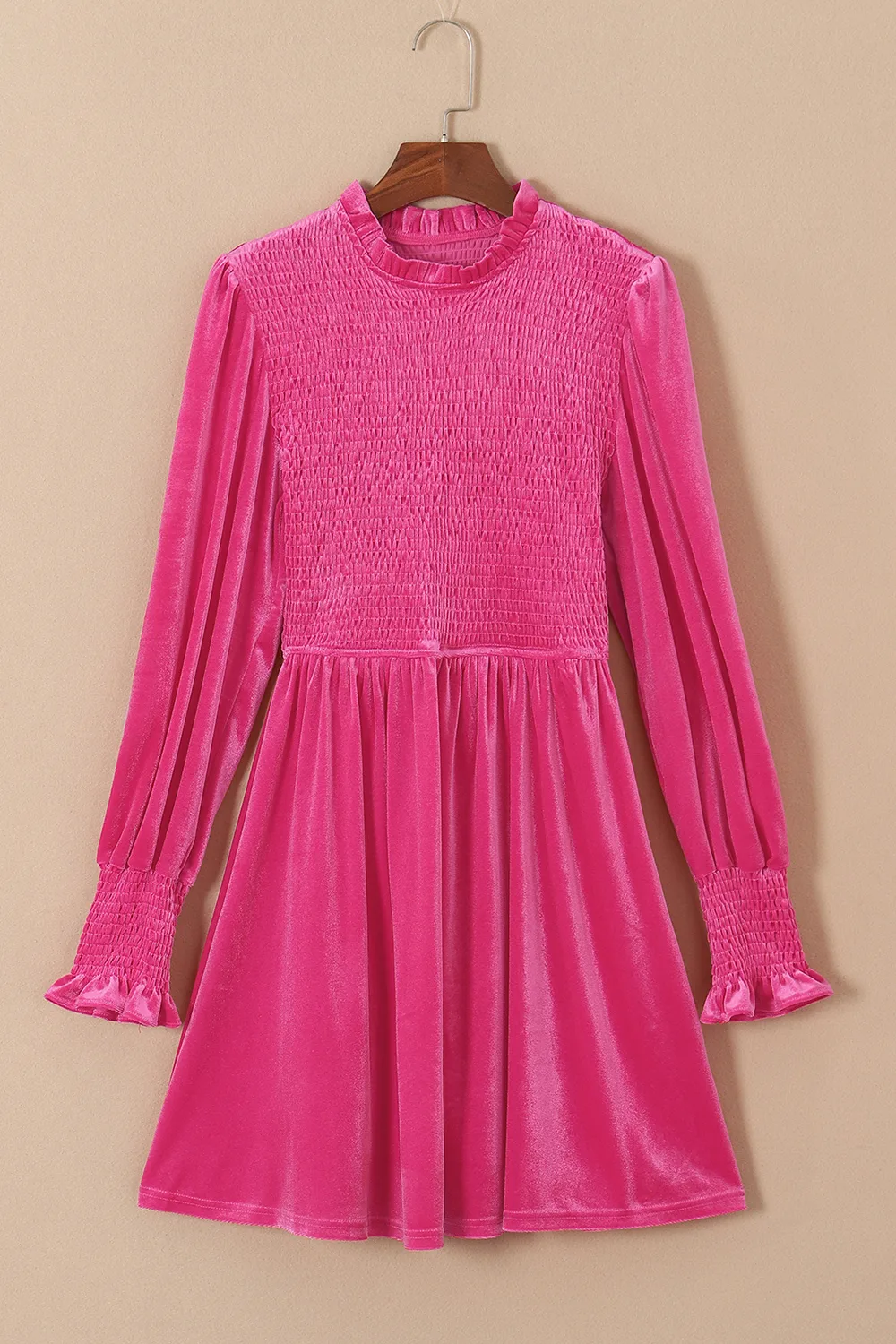 Smocked Round Neck Long Sleeve Dress, image 2
