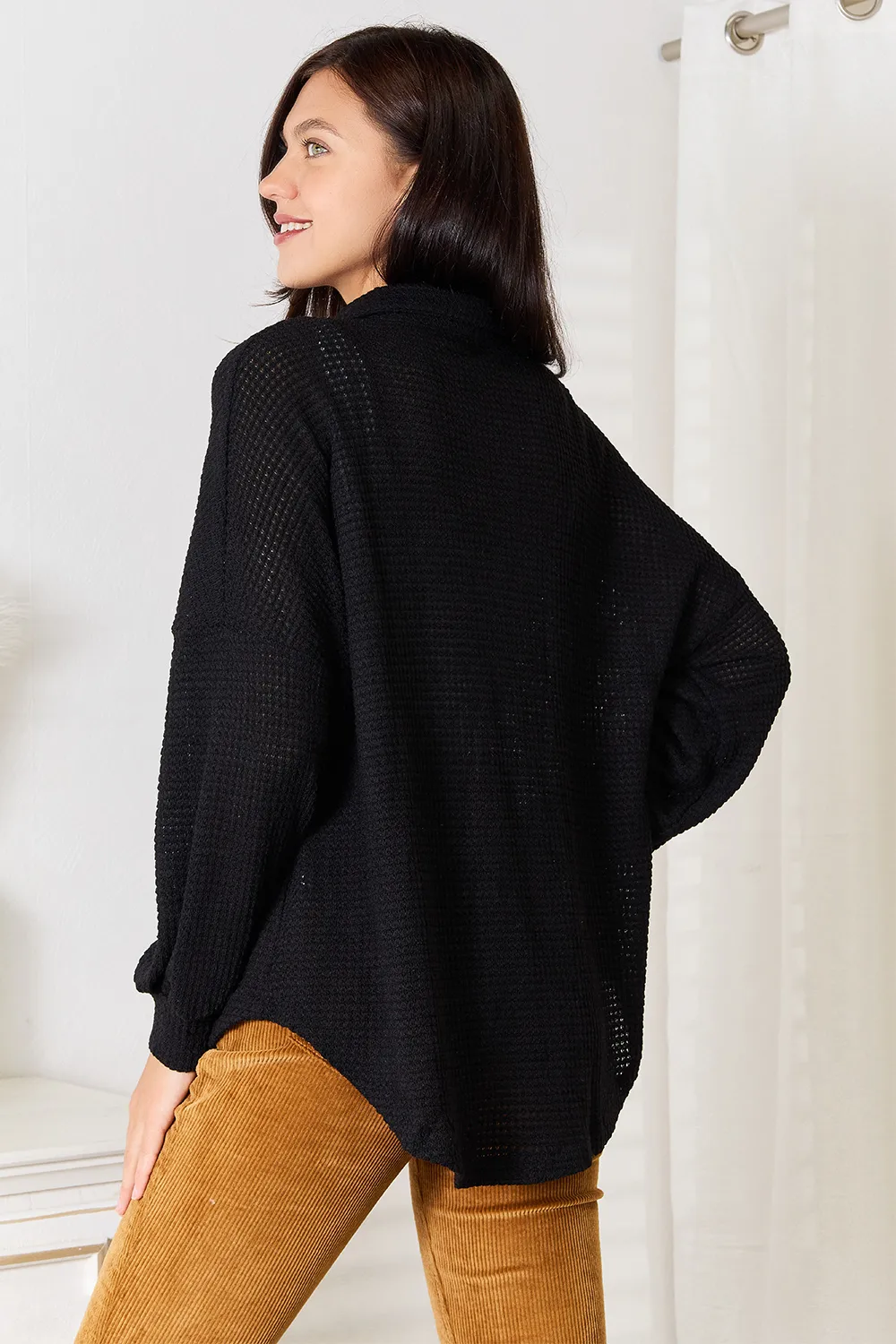 Waffle-Knit Collared Neck Dropped Shoulder Shirt, image 5