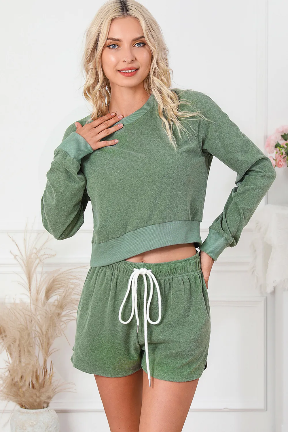 Round Neck Long Sleeve Top and Drawstring Shorts Lounge Set, image 4