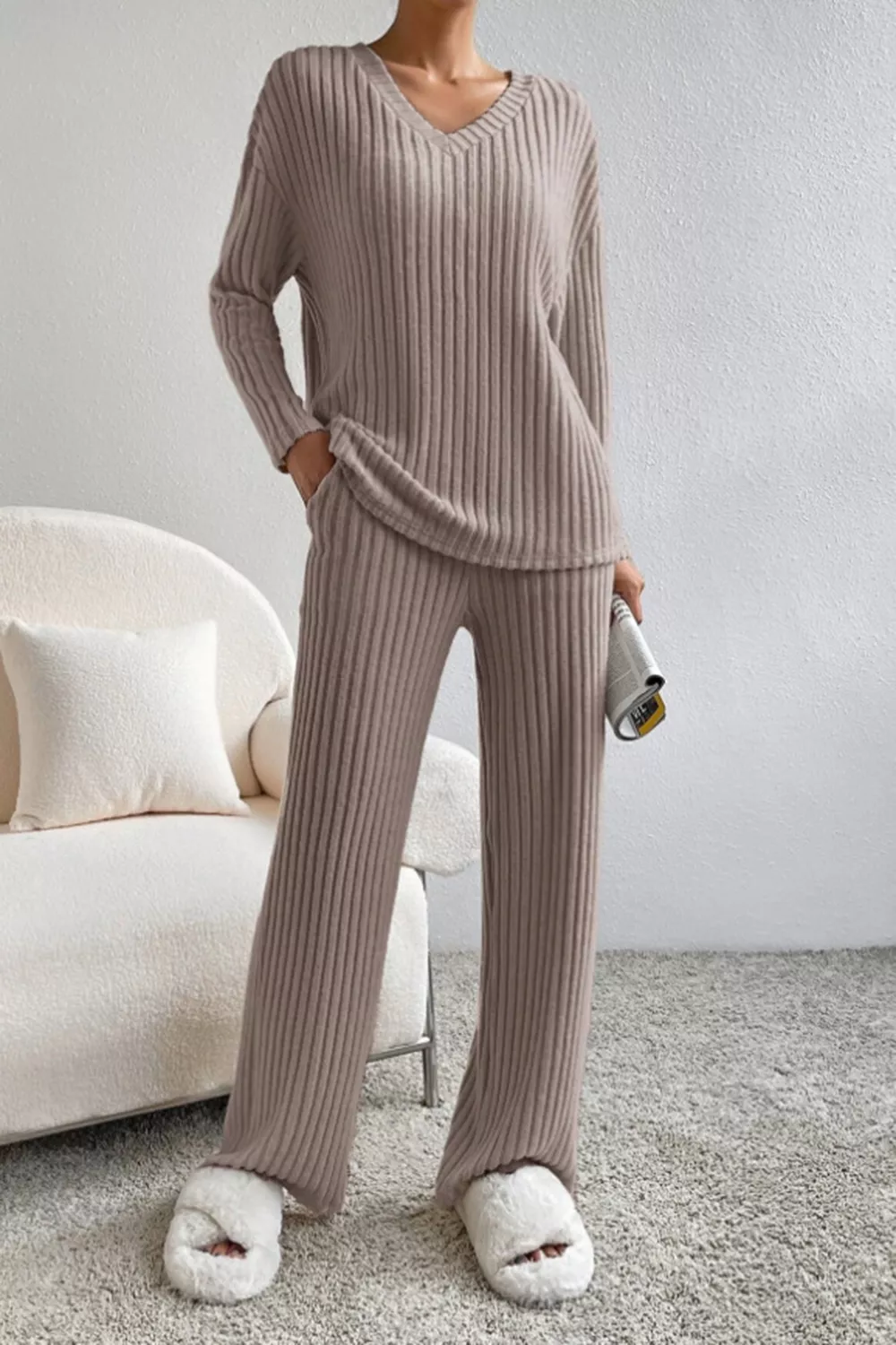 Ribbed V-Neck Top and Pants Set, image 2