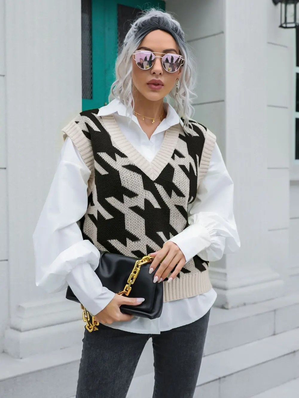 Houndstooth V-Neck Sweater Vest, image 2