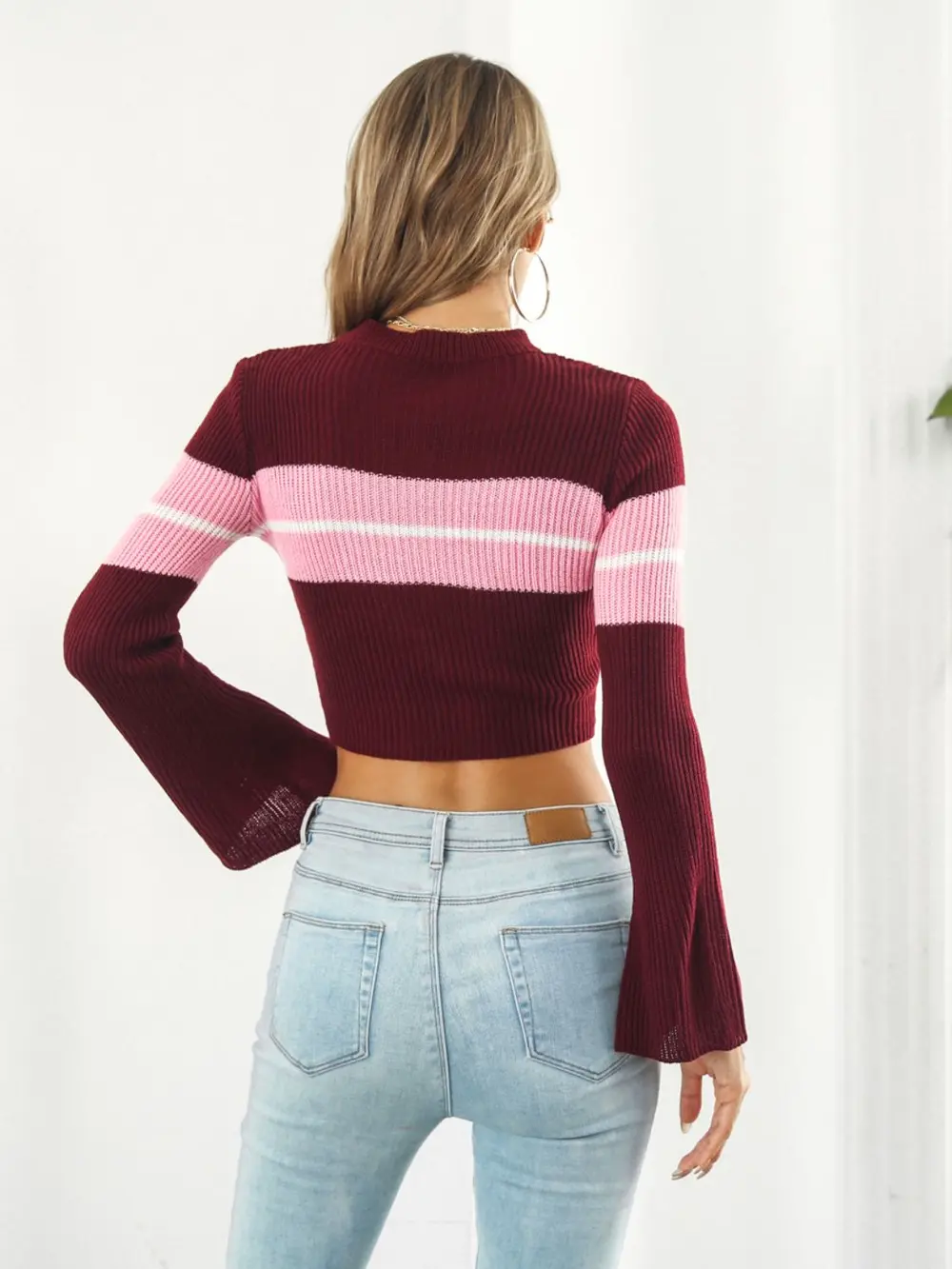 Ribbed Color Block Round Neck Cropped Sweater, image 6