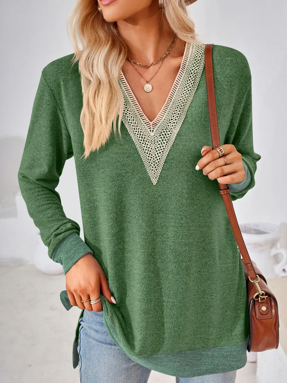 Crochet Contrast V-Neck Long Sleeve Slit T-Shirt, image 17