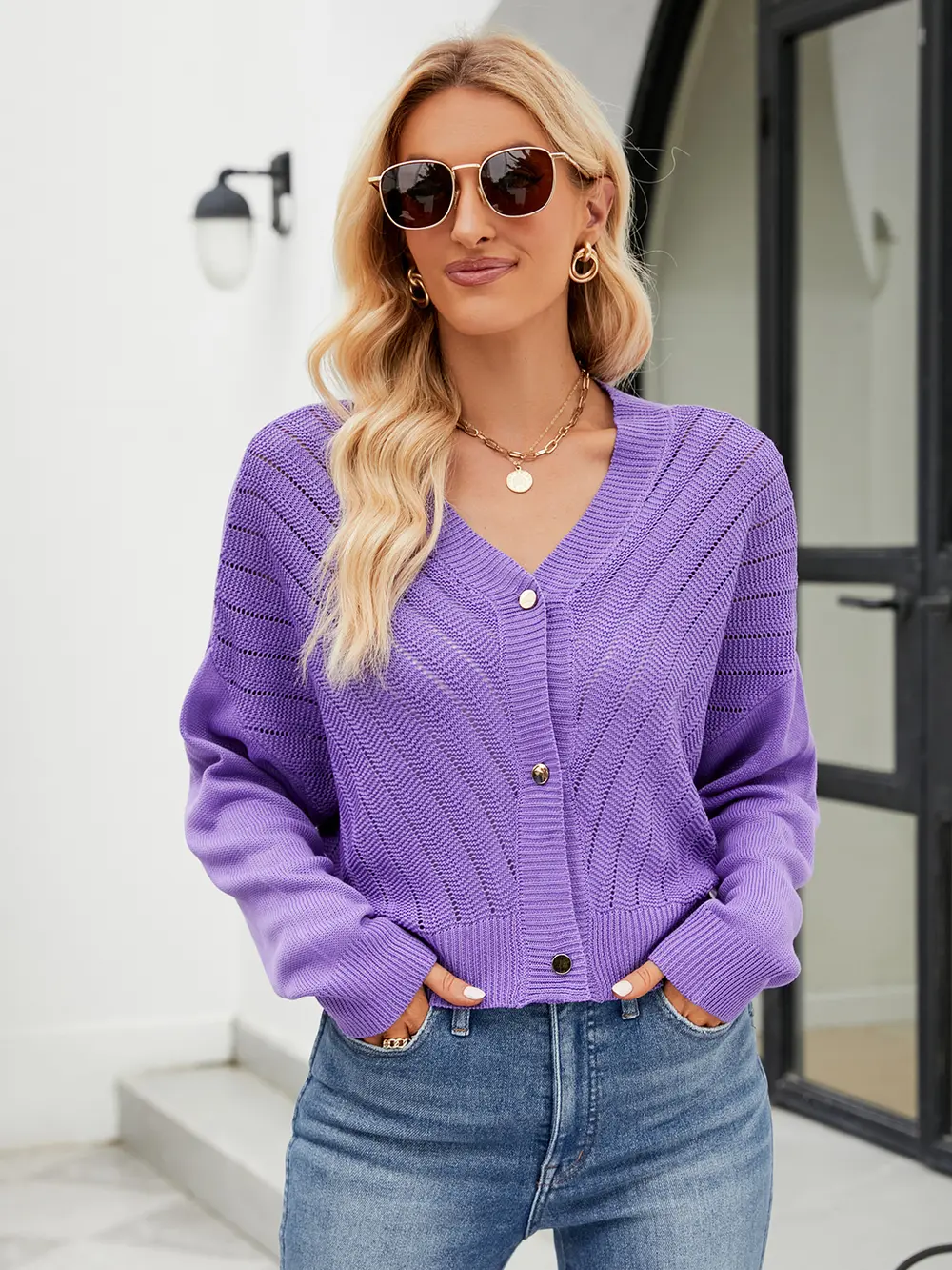Eyelet Button Front Long Sleeve Cardigan, image 4
