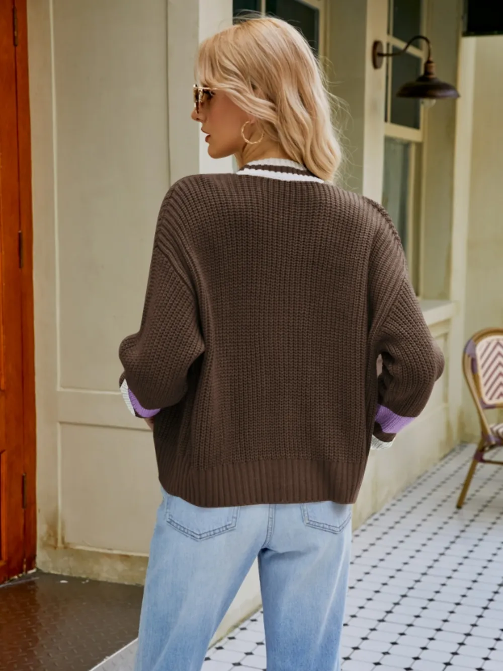 Contrast Button Up Dropped Shoulder Cardigan, image 10