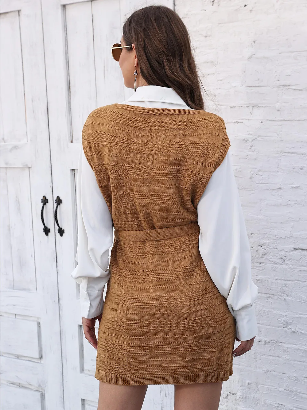 Tie Front V-Neck Sleeveless Slit Sweater Dress, image 3