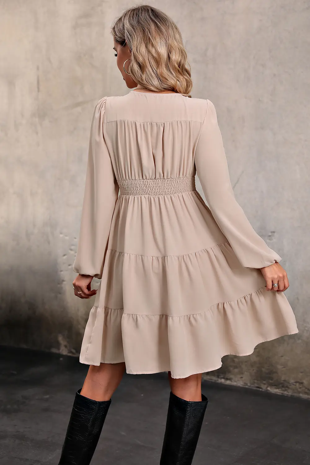 V Neck Button Up Tiered Dress, image 3