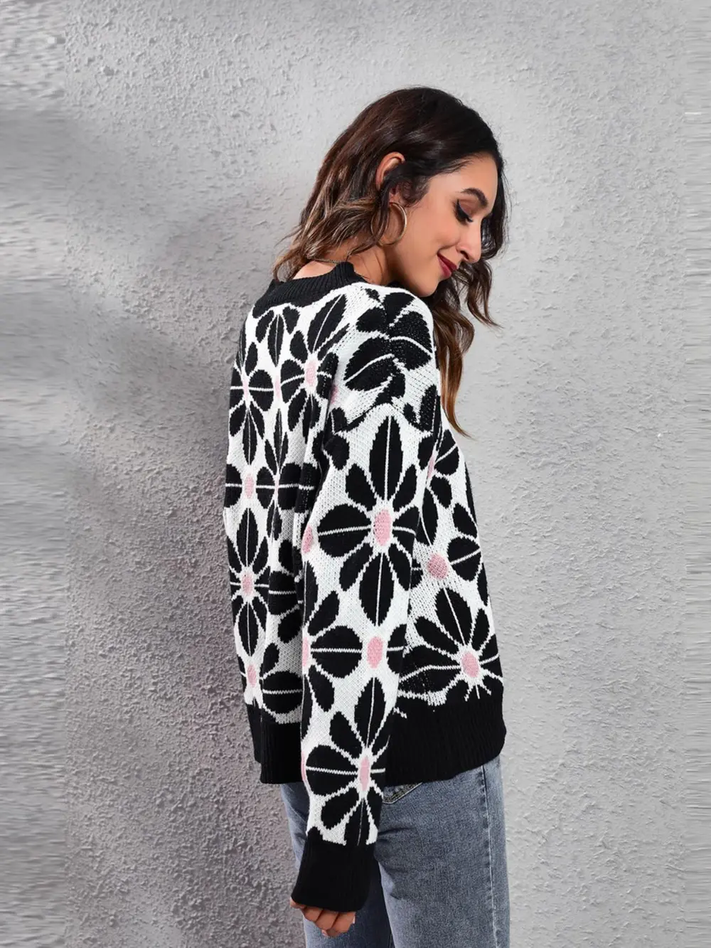 Floral Round Neck Long Sleeve Sweater, image 3