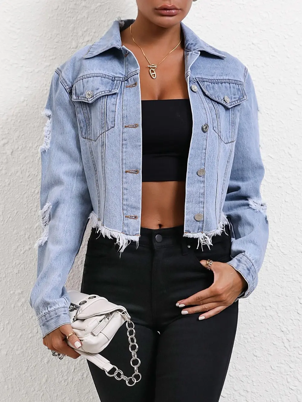 Distressed Raw Hem Button Up Denim Jacket, image 4