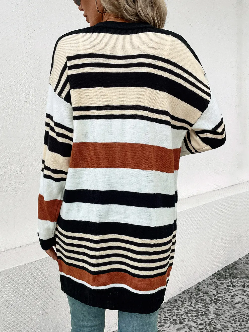 Striped Open Front Drop Shoulder Cardigan, image 2