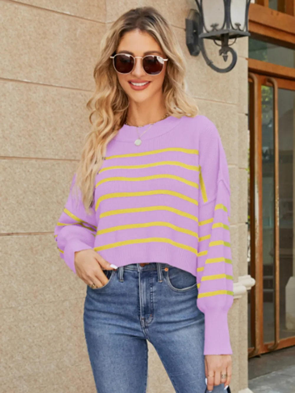Round Neck Striped Lantern Sleeve Sweater, image 17
