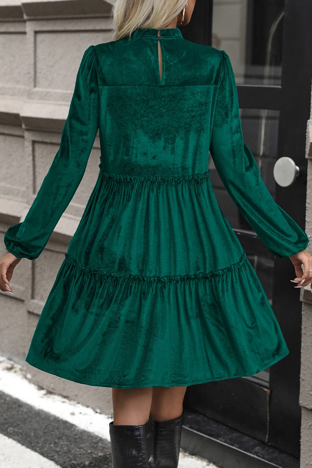Smocked Balloon Sleeve Frill Trim Tiered Dress, image 2