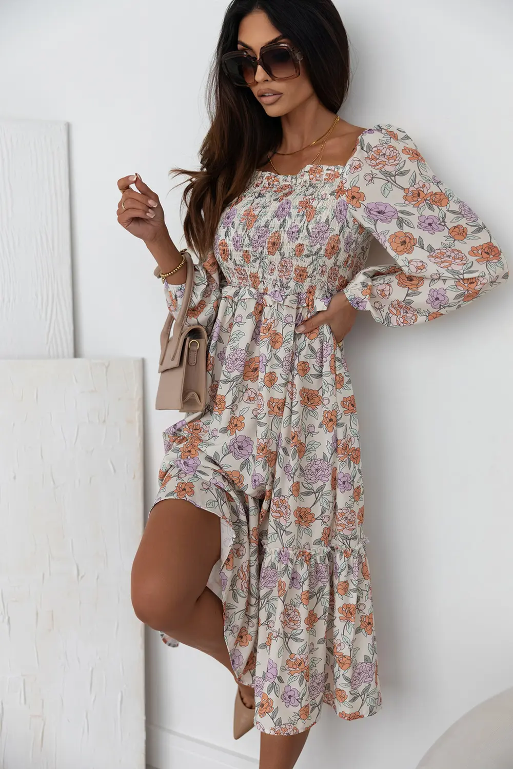 Floral Smocked Square Neck Dress, image 3
