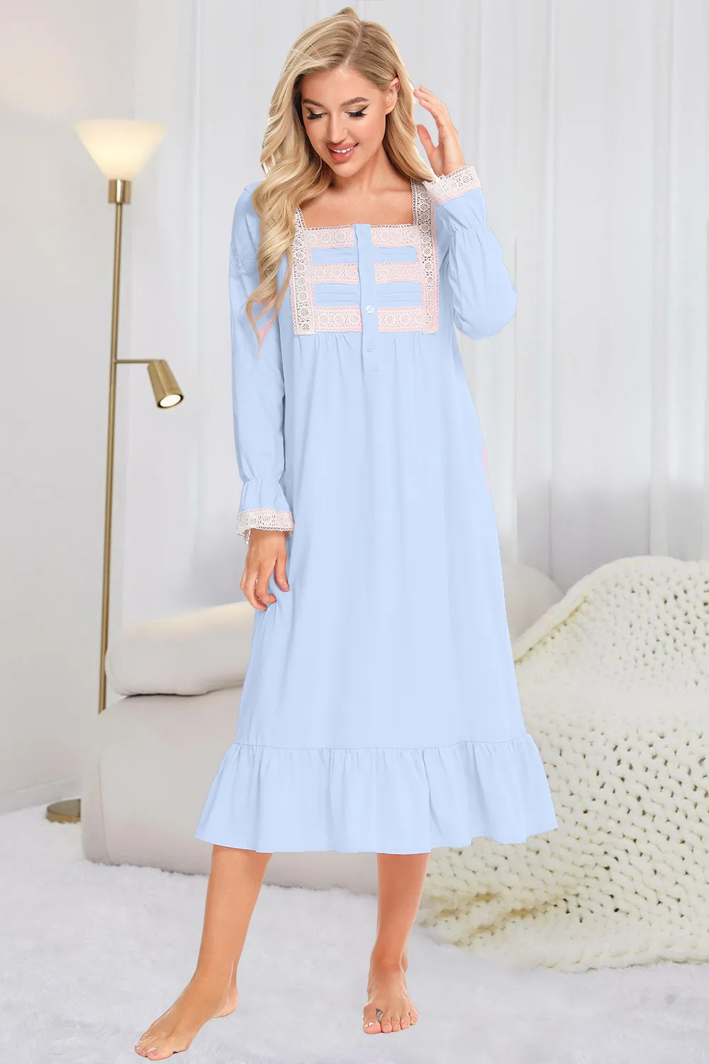 Lace Detail Square Neck Flounce Sleeve Night Dress, image 2