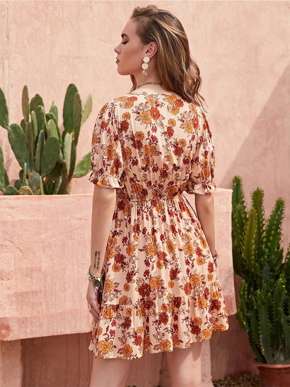Floral V-Neck Flounce Sleeve Ruffle Hem Dress, image 3