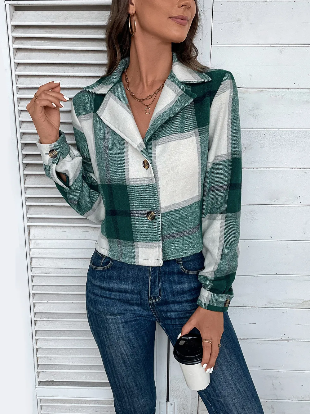Plaid Collared Neck Button Up Long Sleeve Jacket, image 3