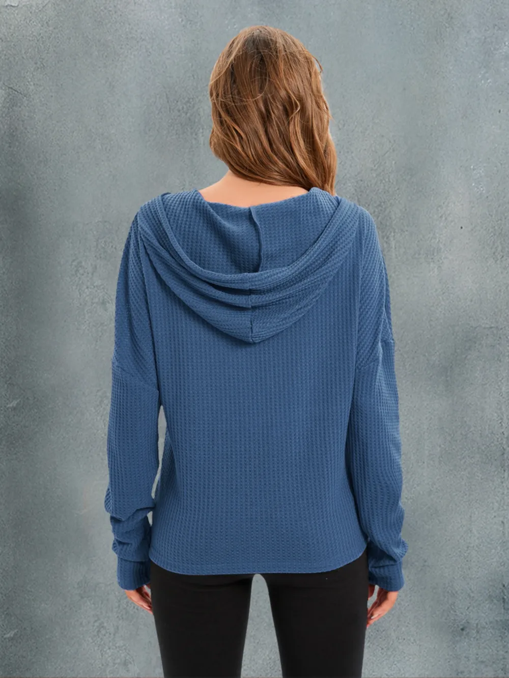 Waffle-Knit Drawstring Drop Shoulder Hoodie, image 4