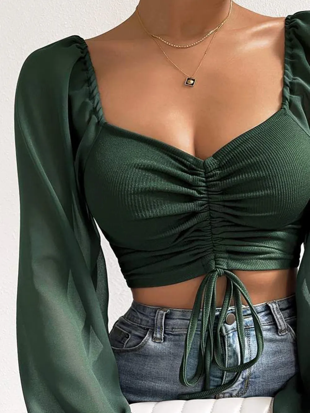Drawstring Sweetheart Neck Cropped Top, image 20
