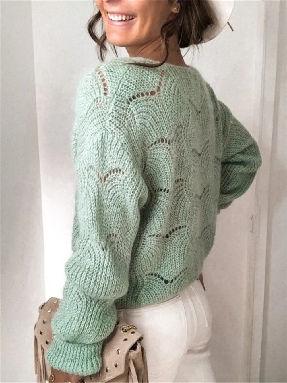 Openwork Button Up Long Sleeve Cardigan, image 6