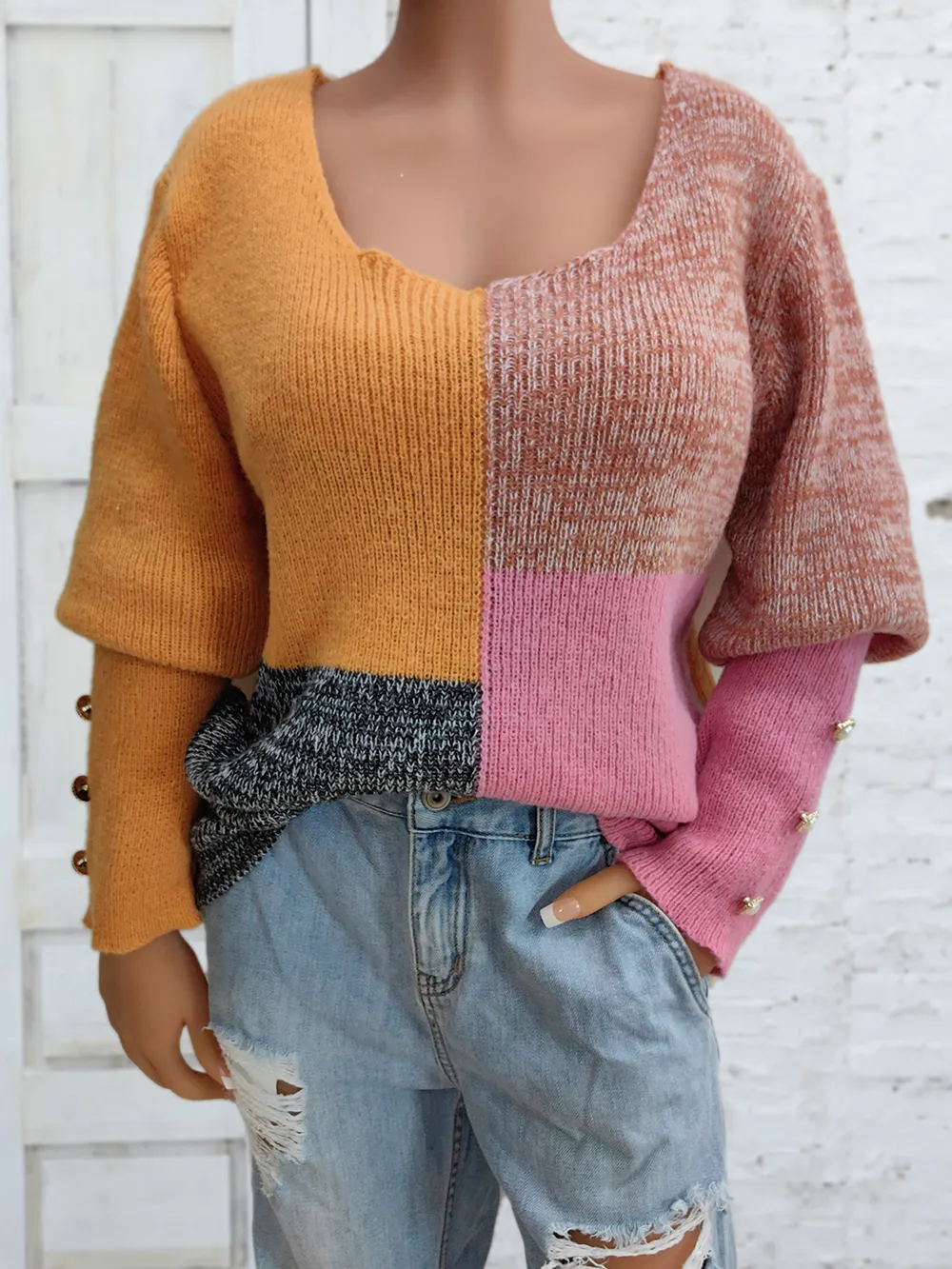 Color Block Decorative Button Long Sleeve Sweater, image 4