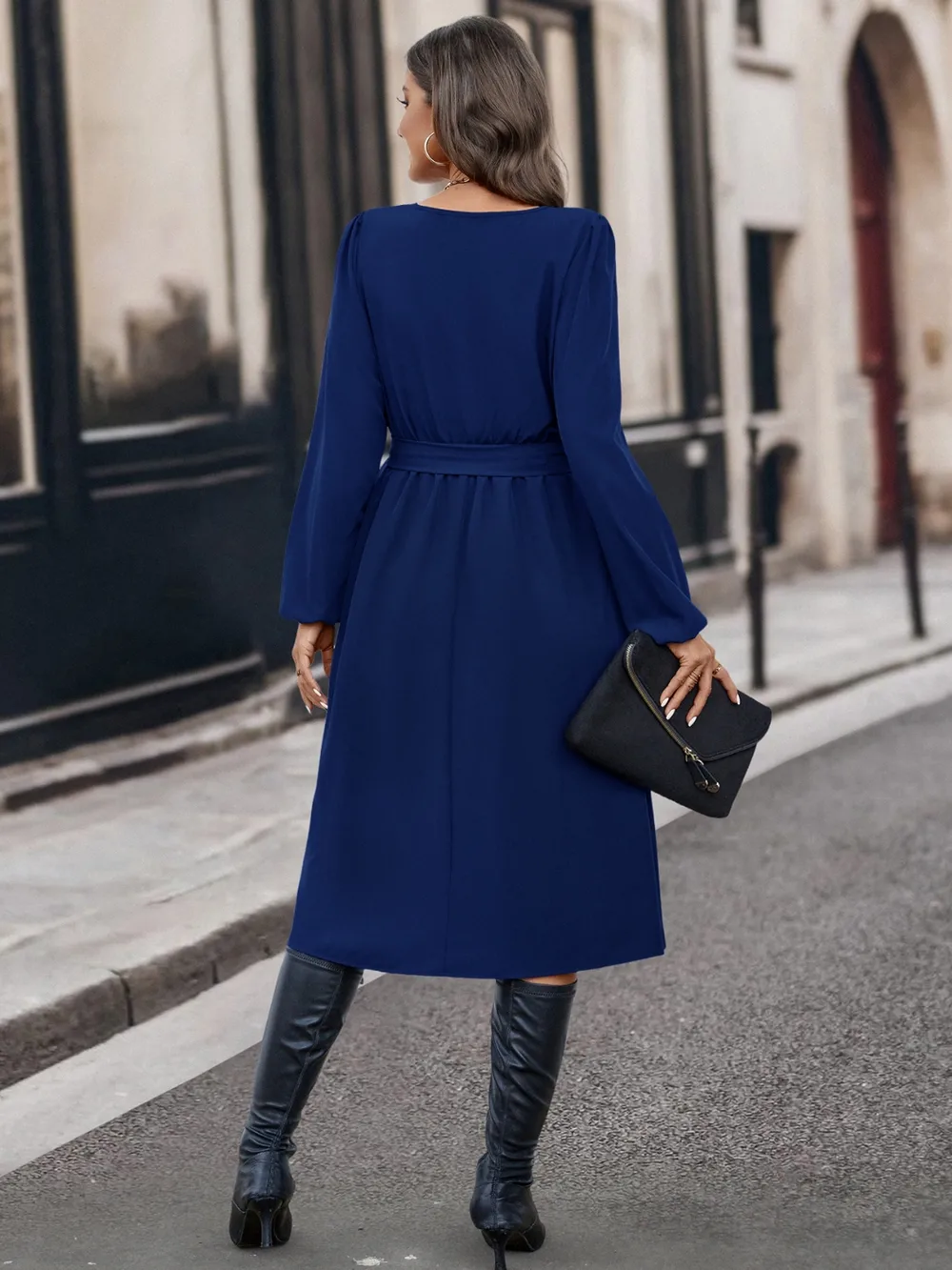 Buttoned Tie Front Long Sleeve Asymmetrical Neck Dress, image 8