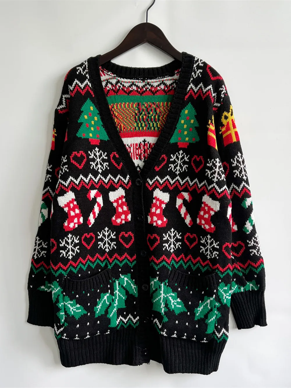 Printed Button Up V-Neck Long Sleeve Cardigan with Pockets, image 3