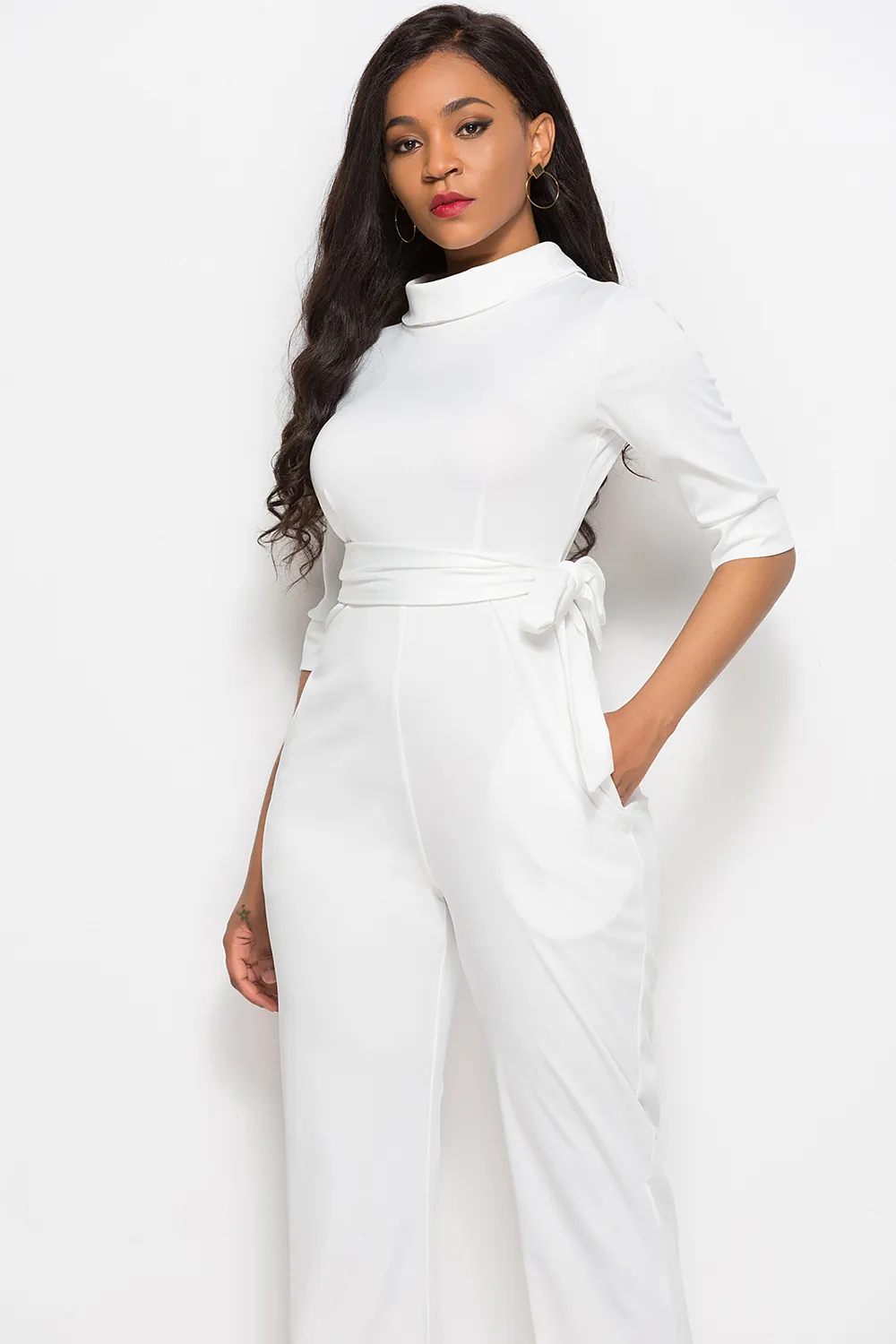 Mock Neck Tie-Waist Half Sleeve Jumpsuit, image 19