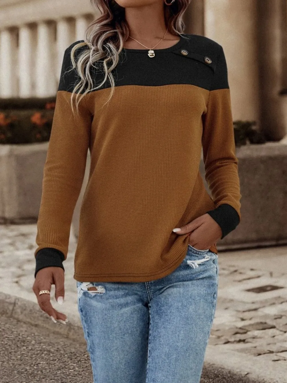 Contrast Buttoned Round Neck Long Sleeve T-Shirt, image 8