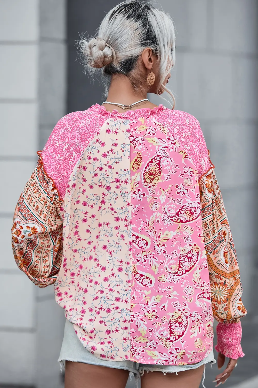 Floral Printed Puff Sleeve V-Neck Shirt, image 3