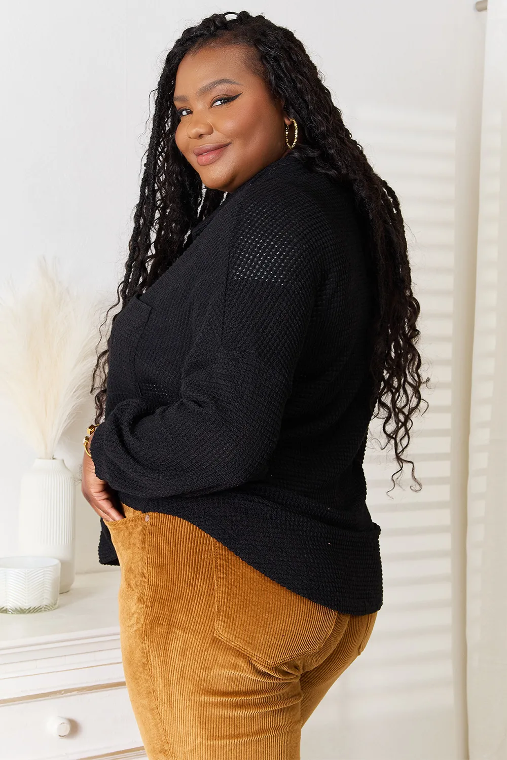 Waffle-Knit Collared Neck Dropped Shoulder Shirt, image 6